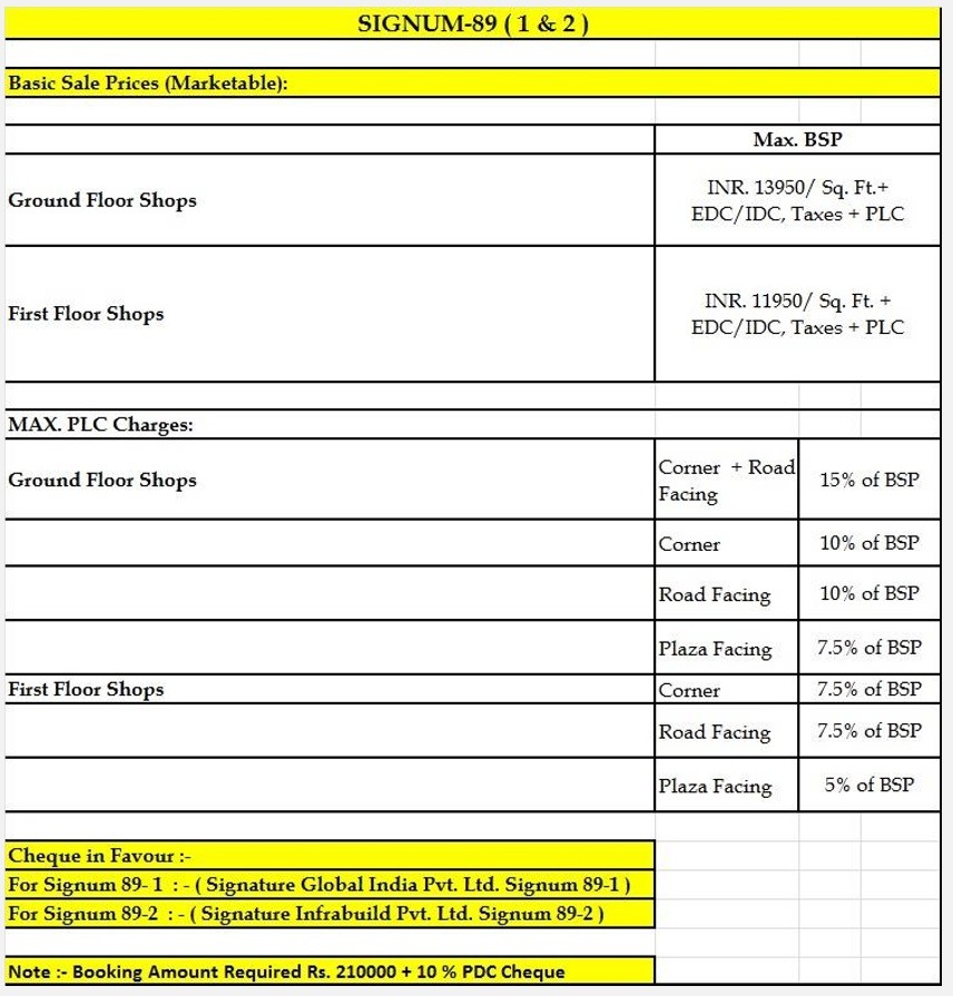 Signature Signum 89 Price Sheet